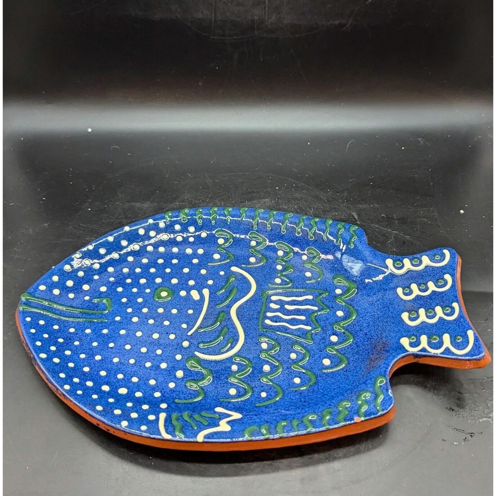 Vintage Redware Studio Art Pottery 14" Blue Fish Platter Signed Nautical